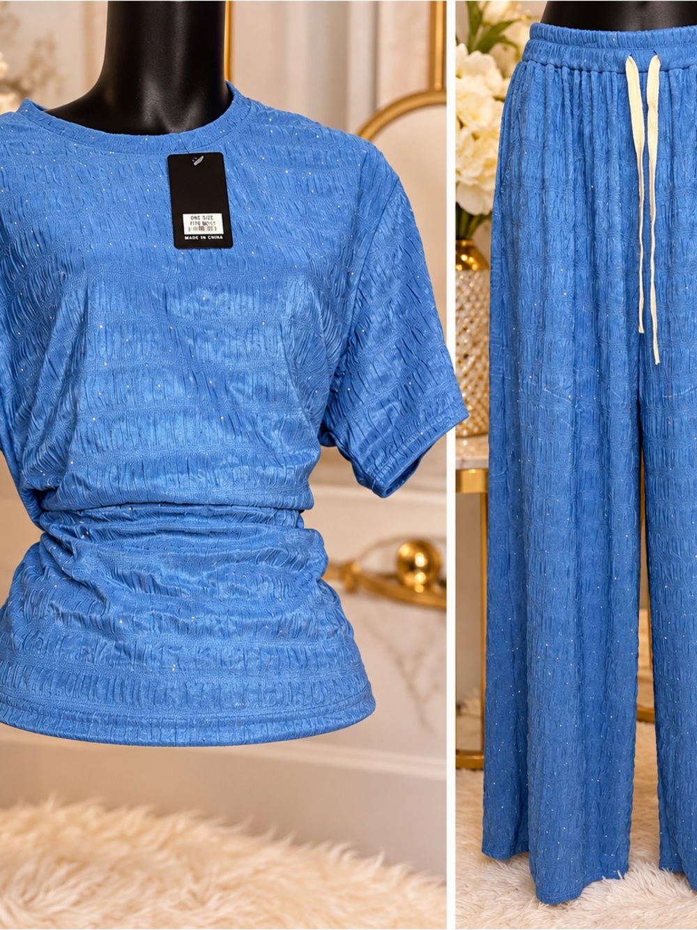 Blue Two-Piece Lounge Set - Women set with pockets full rhinestones